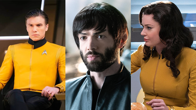 Three icons of the original Trek pilot: Captain Pike, Spock, and Number One.